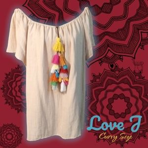 "Love J" Rayon Off-Shoulder Peasant Top with Double Multi-Colored Tassel Strands